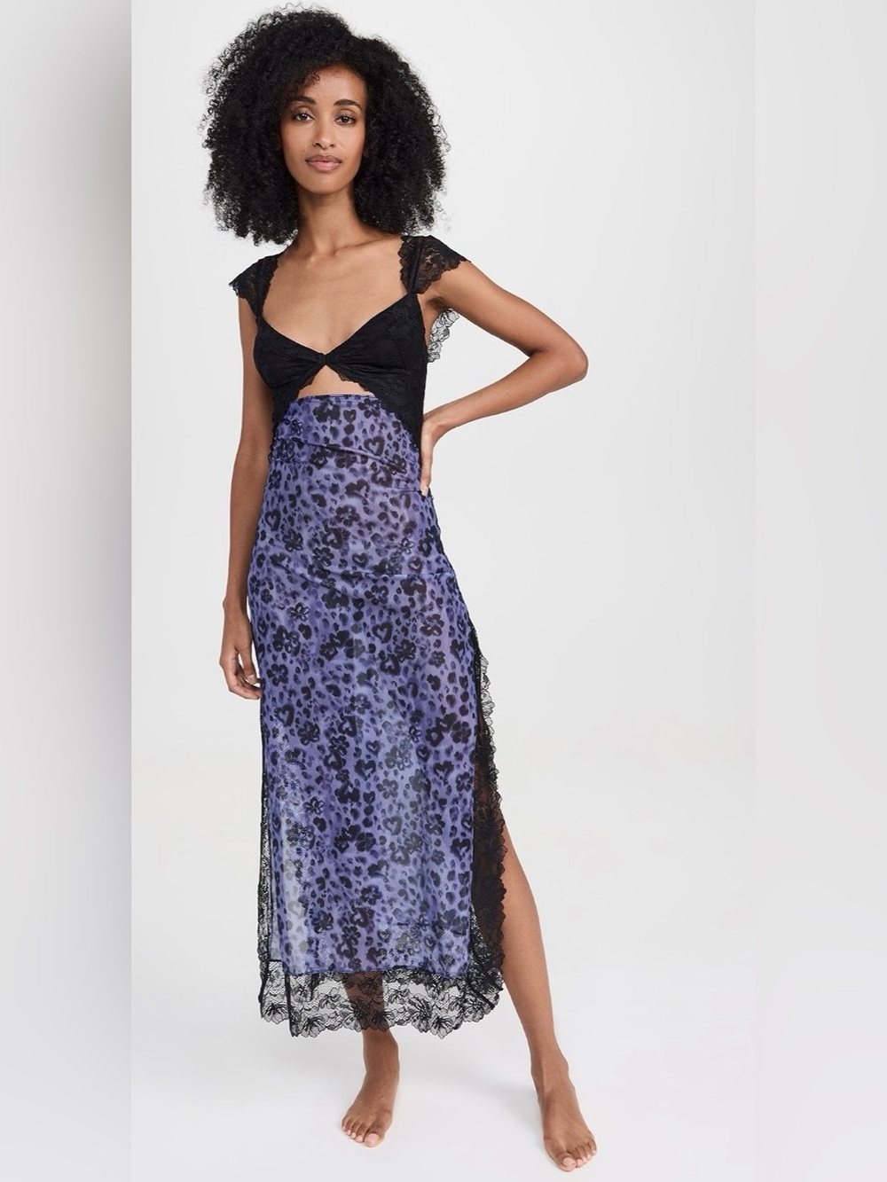 Free People Suddenly Fine Purple Leopard Lace-Trim Midi Slip Dress